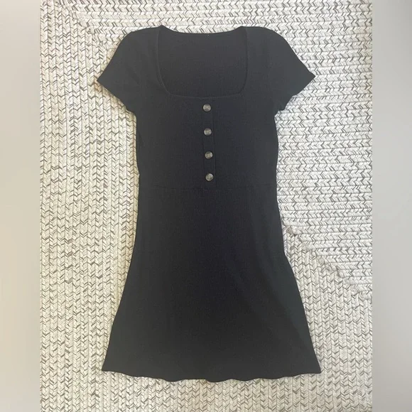 *5/$20 or 3/$15* Square Neck Short Sleeve Ribbed Black Dress with Buttons - Picture 3 of 8